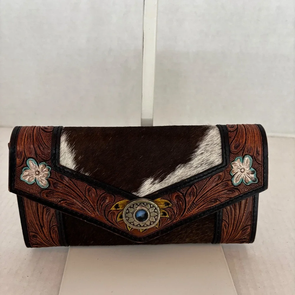 Tooled Leather Wallet Womens Brown Cowhide‎ Sunflower Western Concho New